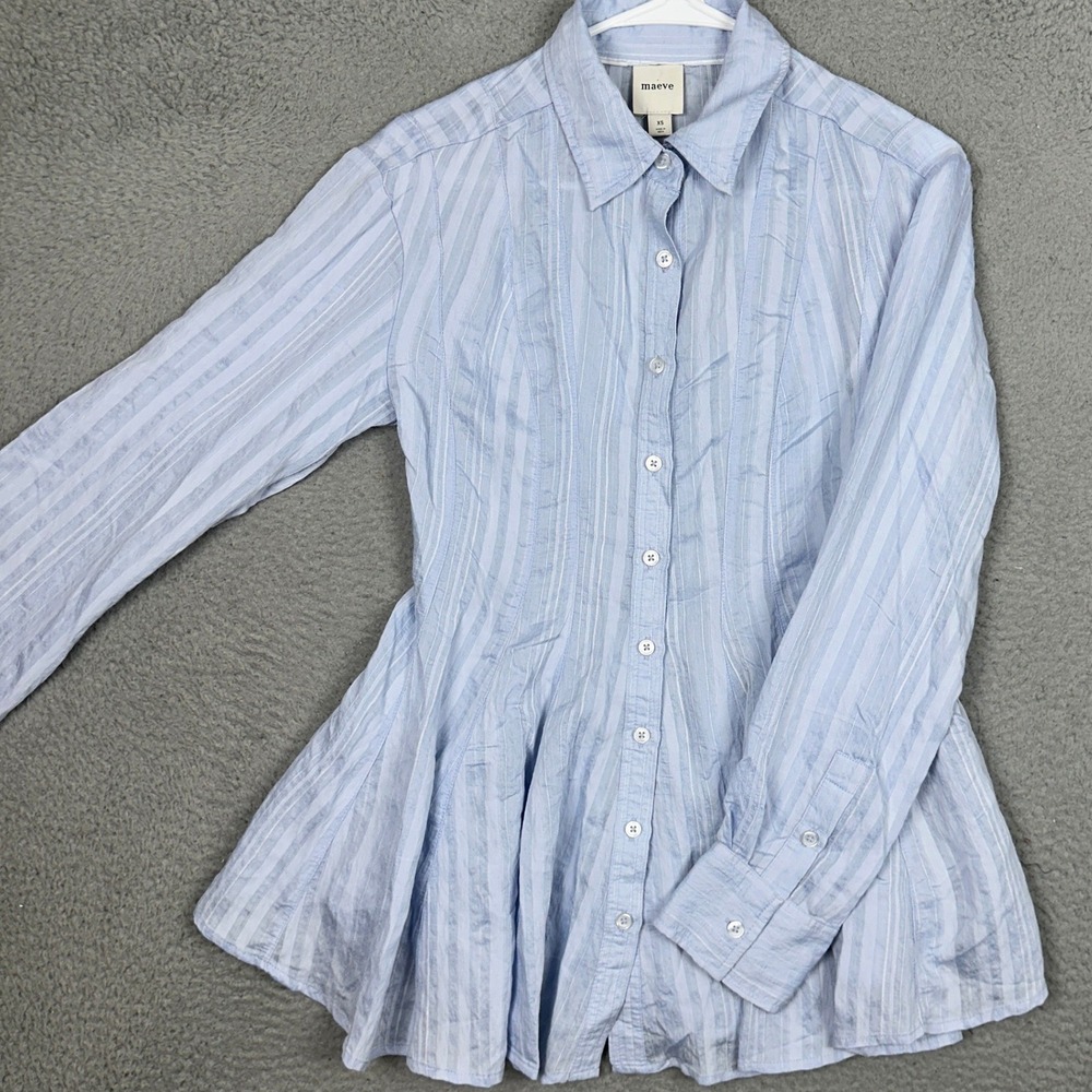 NEW Maeve Top Womens XS Peplum Button Down Light Blue Stripe Long Sleeve Blouse